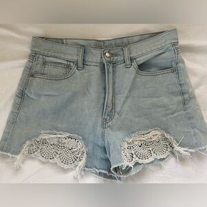American Eagle Outfitters Pale Blue Denim Shorts with Crochet Lace